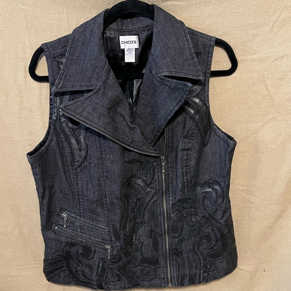 1 Chicos Black Moto Biker Chic Assymetrical Zip Vest NWOT